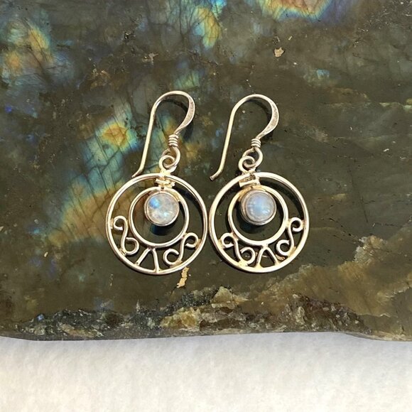 Sterling Silver 925 Round Moonstone Cabochon Round Scrollwork Dangle Earrings - Picture 3 of 16